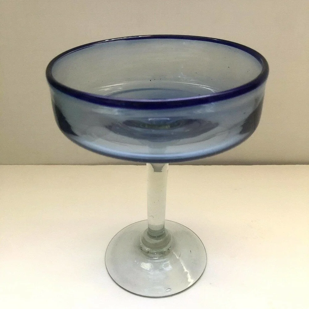 Mexican Hand Blown Art Glass Dessert Margarita Cobalt Blue Edge Rim Design